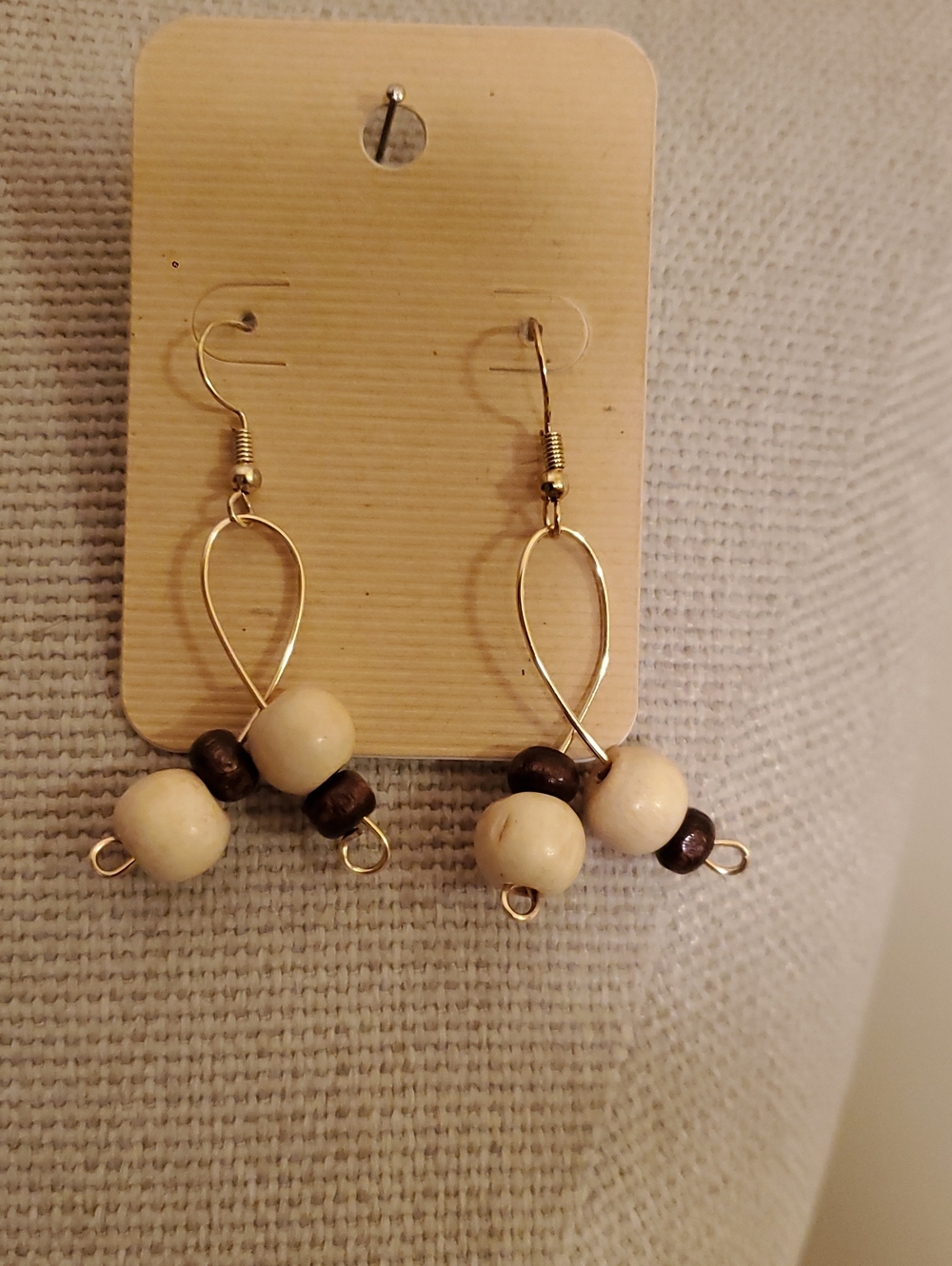 Handcraftef Cream and Brown Beaded Dangle Earrings